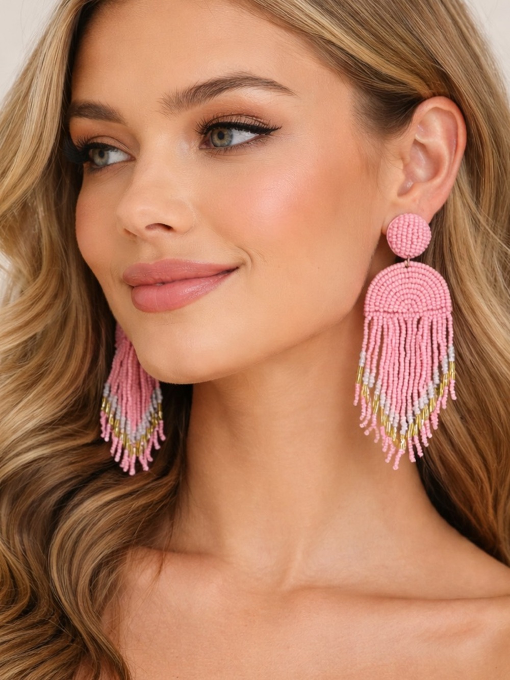 Kay Lee New York | Pink Beaded Fringe
Statement Earrings Boho Glam - NWT